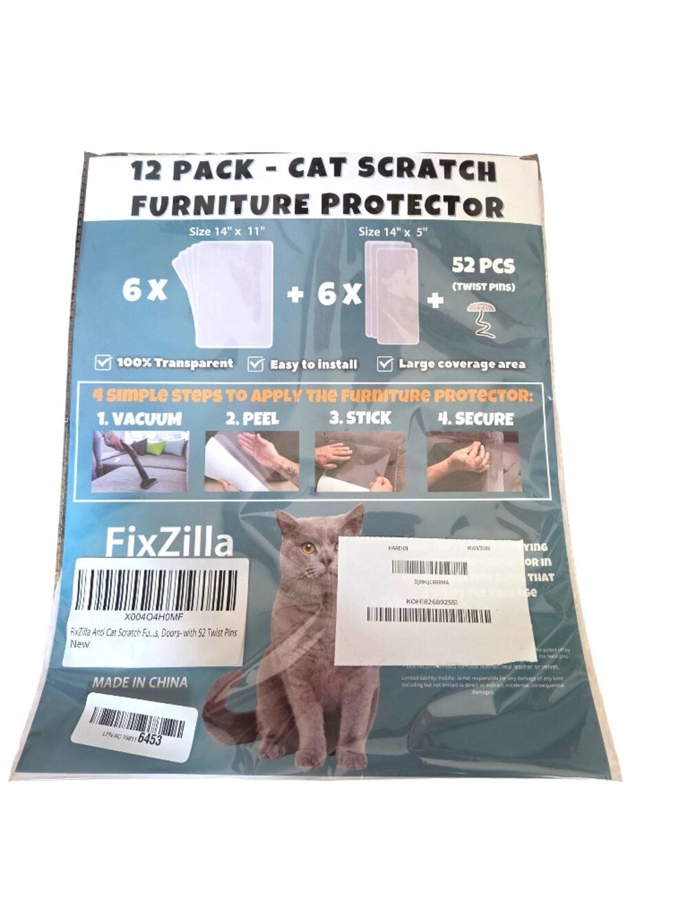 12-Pack Cat Scratch Furniture Protectors Transparent Sheets 52 Twist Pins